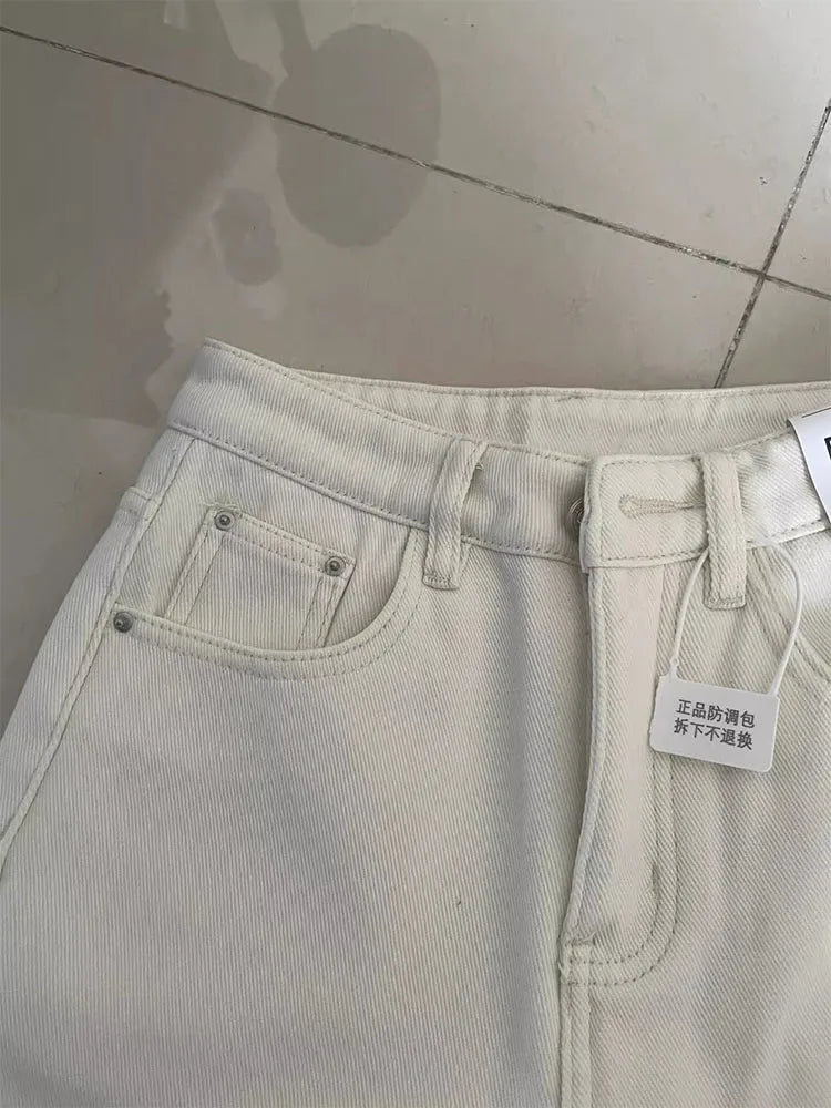 White Casual Jeans for Women Korean Style High Waisted Commuting Straight Leg Trousers Chic Loose Zipper Denim Pants