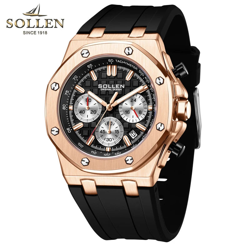 SOLLEN Mens Watch Top Brand Fashion Chronograph Quartz Watches Sports Waterproof Male Clock Luxury Watch Men Relogio Masculino