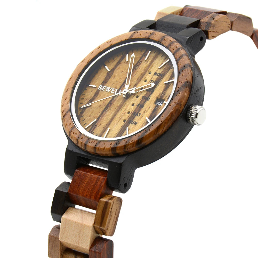 Women's Watch with Round Coated Glass Dual Display Zebra Wood Quartz Light Handmade Week Date Casual Wristwatch