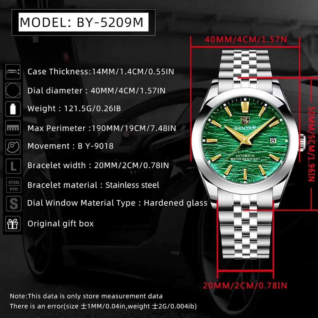BENYAR Mens Watches Top Brand Luxury Man Mechanical Wristwatches Automatic Watch For Men Waterproof Sports Stainless Steel Clock