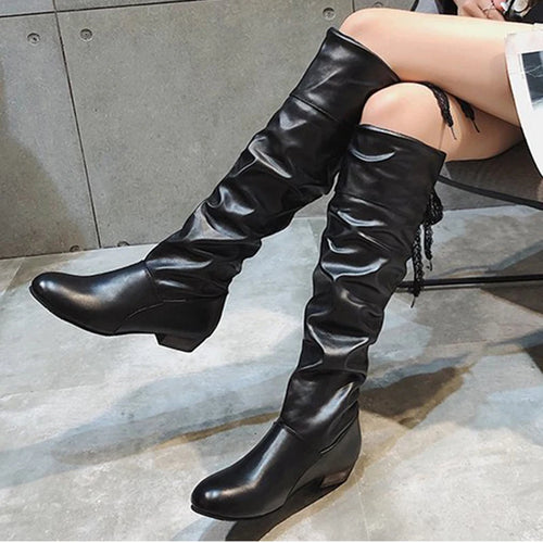 2024Shoes For Women  Knee High Boots Red Black White Tall Boots Woman Pleated Low Heel Casual Leather Female Long Shoes