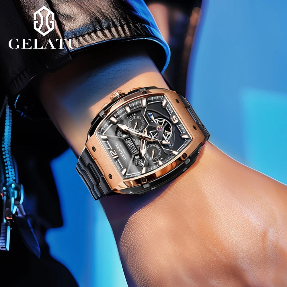 Reloj Hombre Watches Mens GELATU Top Brand Luxury Rose Black Skeleton Tourbillon Automatic Mechanical Watch for Men Waterproof