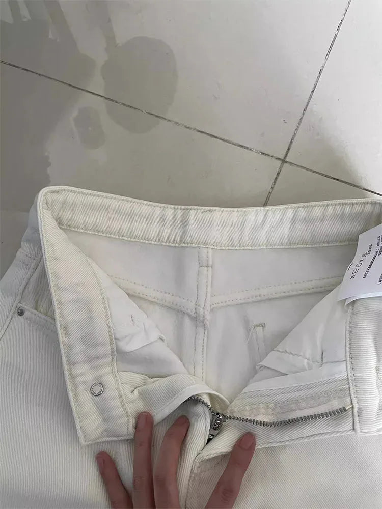 White Casual Jeans for Women Korean Style High Waisted Commuting Straight Leg Trousers Chic Loose Zipper Denim Pants