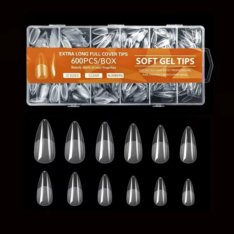 600 Pointed Nail Tips, Semi-Matte, Full Coverage, Acrylic Nail Tips, Medium Adhesive, False Nails, Nail Salon, Home DIY, Press-On Nails