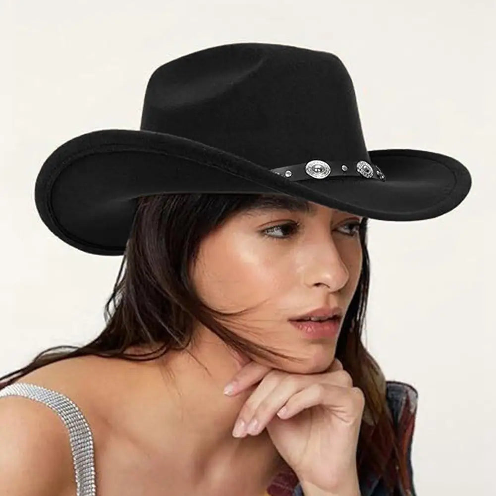 Black Western Cowboy Hats For Women Vintage Wide Brim Felt Fedoras Hats Gentleman Jazz Hats Lady Cowgirl Dress Cap Gifts
