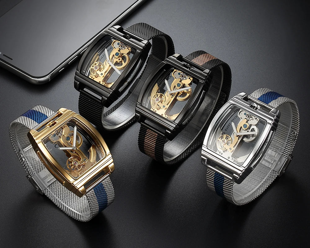 SHENHUA Mens Watches Top Brand Luxury Automatic Mechanical Transparent Skeleton Bridge Watch Steel Wristwatch Male Clock