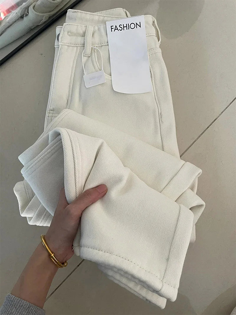 White Casual Jeans for Women Korean Style High Waisted Commuting Straight Leg Trousers Chic Loose Zipper Denim Pants