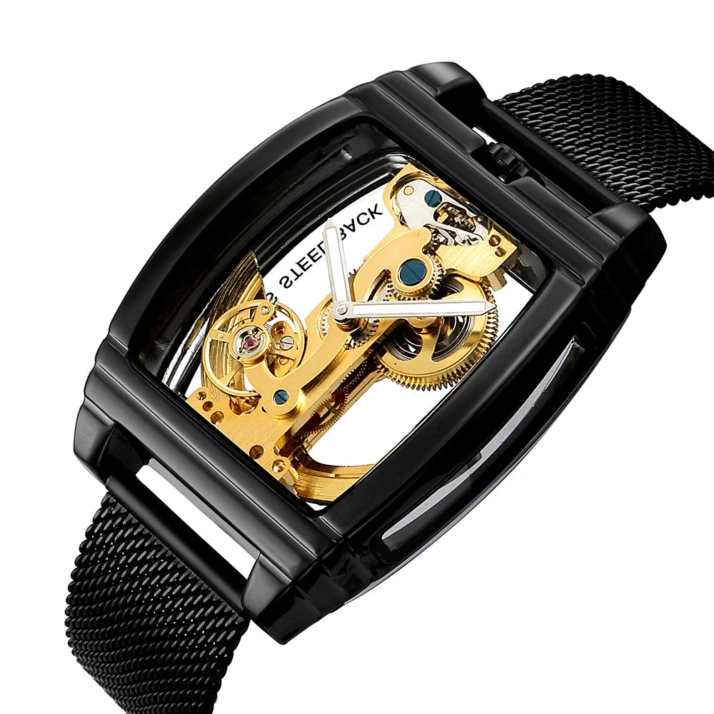 SHENHUA Mens Watches Top Brand Luxury Automatic Mechanical Transparent Skeleton Bridge Watch Steel Wristwatch Male Clock