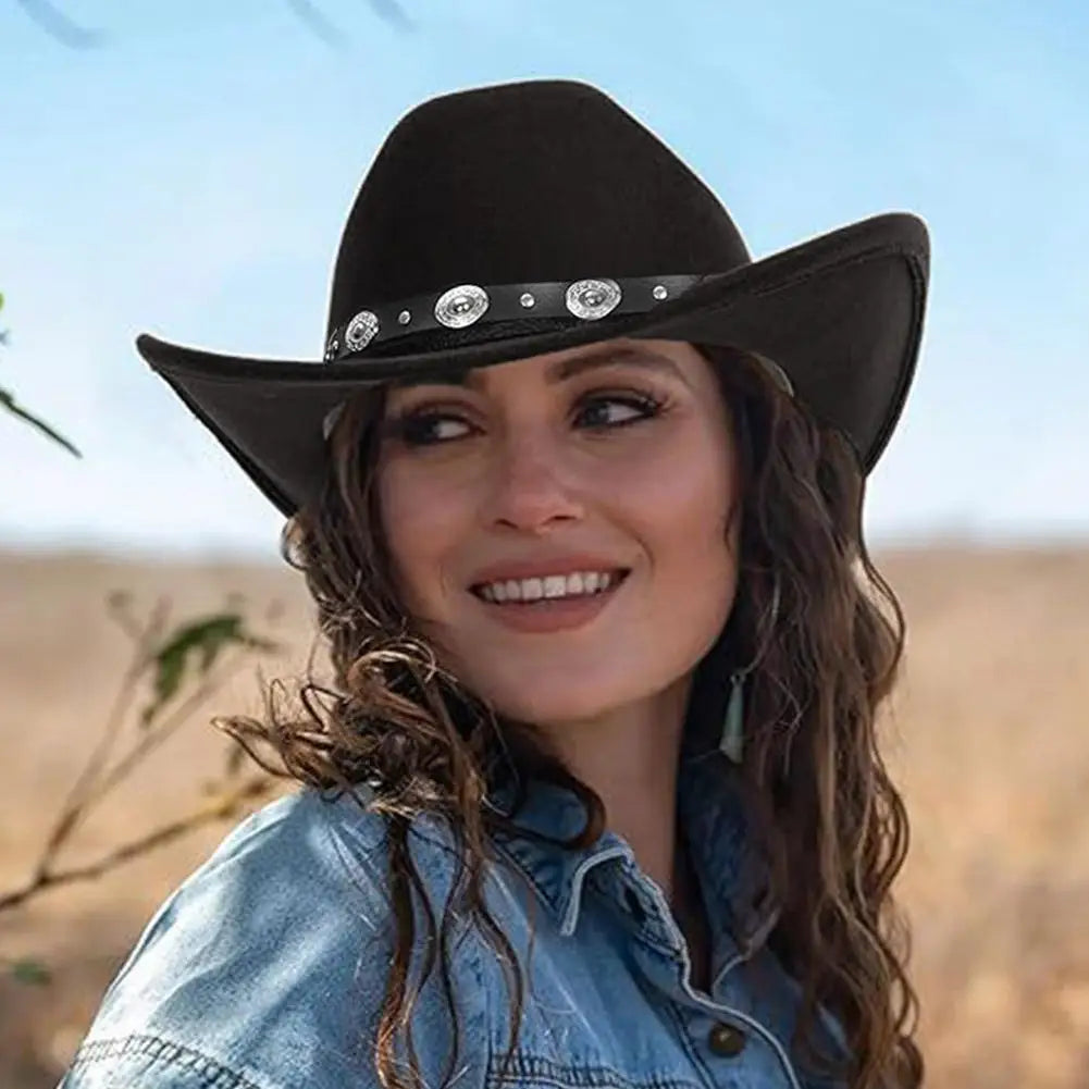 Black Western Cowboy Hats For Women Vintage Wide Brim Felt Fedoras Hats Gentleman Jazz Hats Lady Cowgirl Dress Cap Gifts