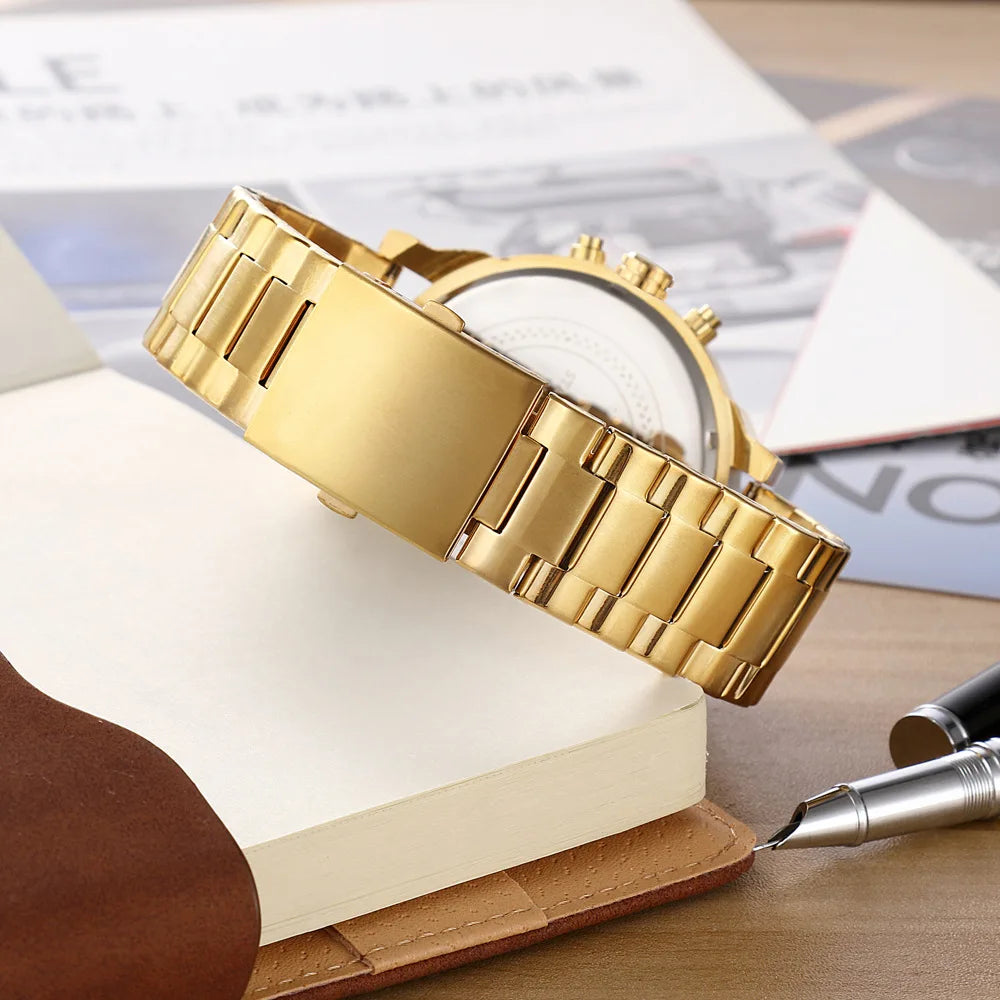 Mens Watches Top Brand Luxury Steel Band Dual Time Watch for Men Large Dial Quartz Wristwatches Relogio Masculino Drop Shipping