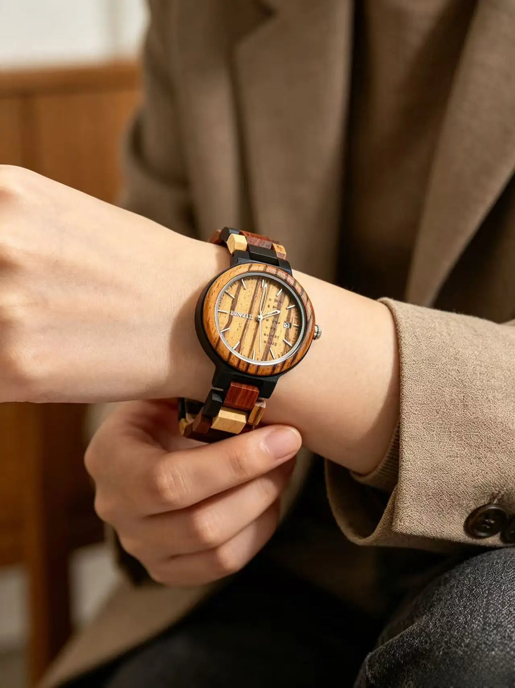 Women's Watch with Round Coated Glass Dual Display Zebra Wood Quartz Light Handmade Week Date Casual Wristwatch