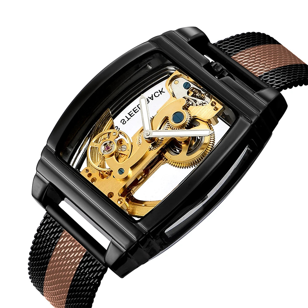 SHENHUA Mens Watches Top Brand Luxury Automatic Mechanical Transparent Skeleton Bridge Watch Steel Wristwatch Male Clock