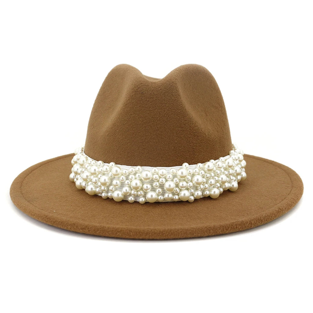 Fedora Hats for Women Wool Felt Panama Hat with Pearl Band Wide Brim Felt Hat Classic Trilby Jazz Hat Church Hats Women Elegant