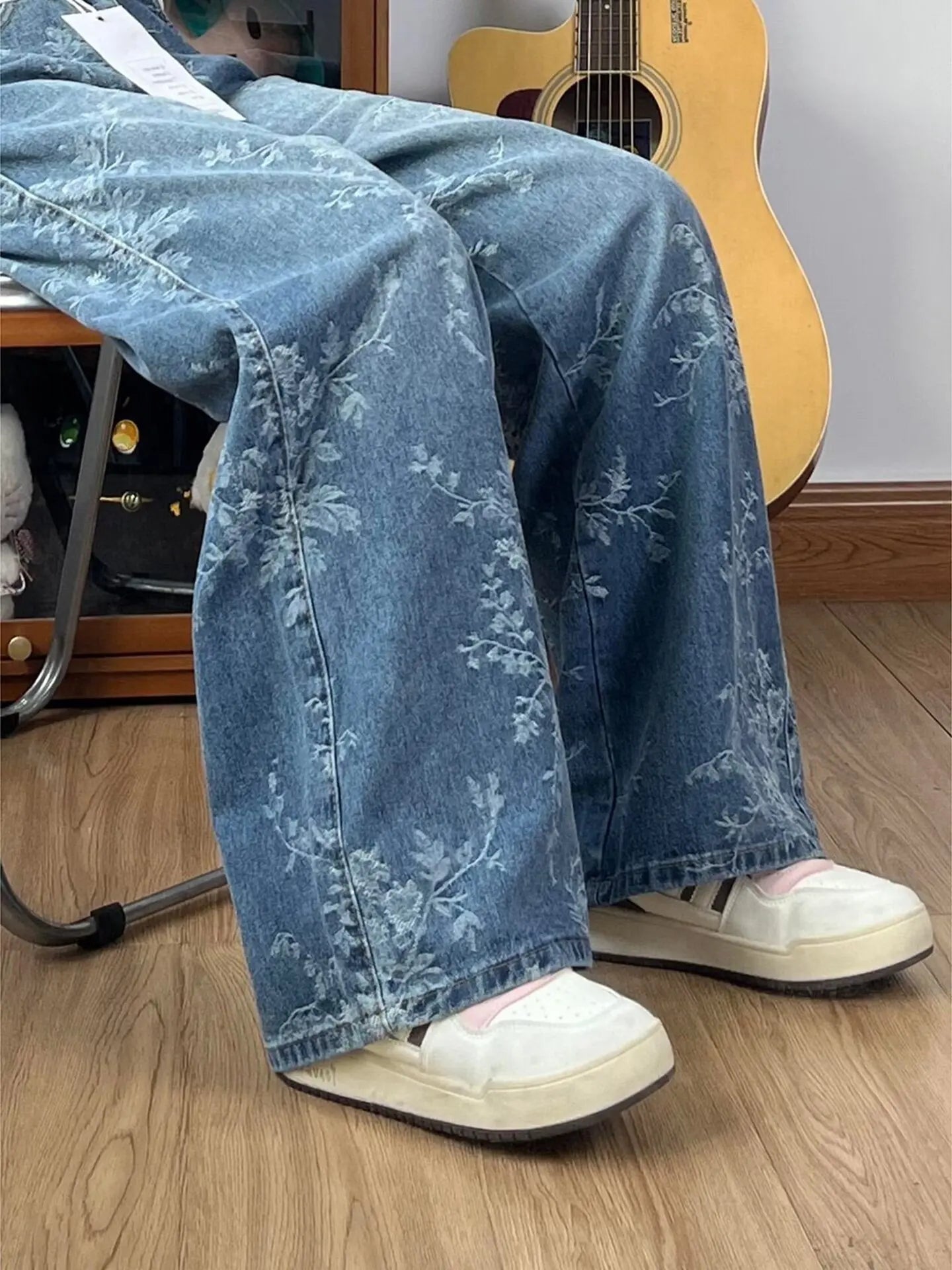 Jacquard Embroidered Jeans for Women in Spring and Autumn High Waisted Loose Wide Leg Pants Retro Straight Leg Pants