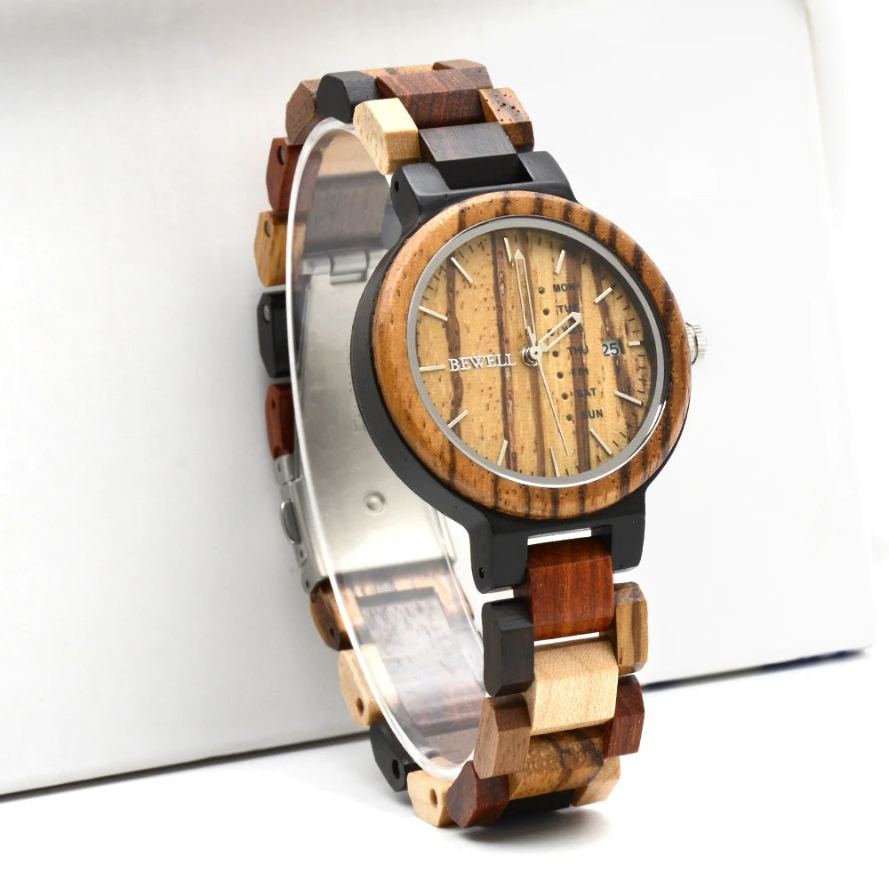 Women's Watch with Round Coated Glass Dual Display Zebra Wood Quartz Light Handmade Week Date Casual Wristwatch