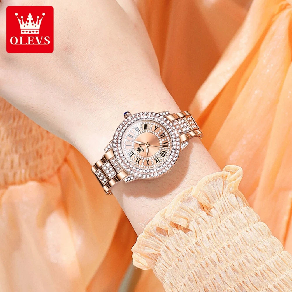 OLEVS 9943 Womens Watch Original Fashion Quartz Watch Roman Inlaid Zircon Dial Reloj Waterproof Luminous  Ladies Watch Box