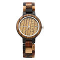 Women's Watch with Round Coated Glass Dual Display Zebra Wood Quartz Light Handmade Week Date Casual Wristwatch