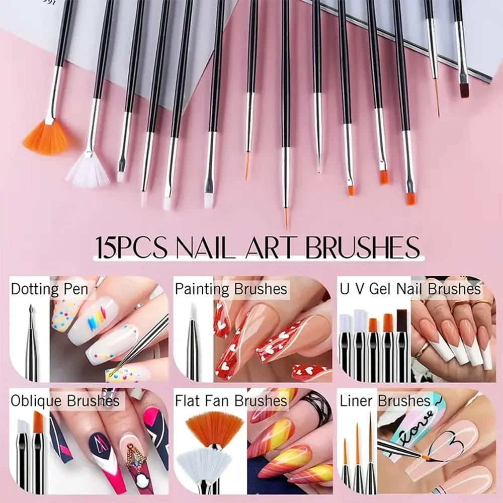 Nail Art Brush Kit for Nail Painting, Floral Carving, Gem Placement, Gel Application, Color Blending, and Line Work.