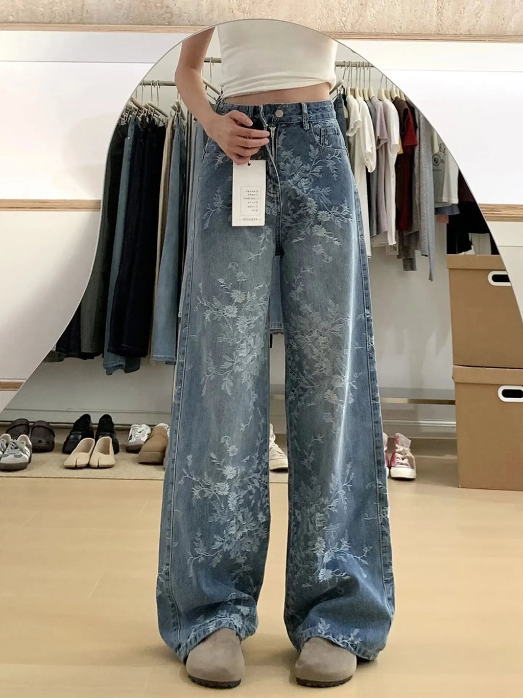 Jacquard Embroidered Jeans for Women in Spring and Autumn High Waisted Loose Wide Leg Pants Retro Straight Leg Pants