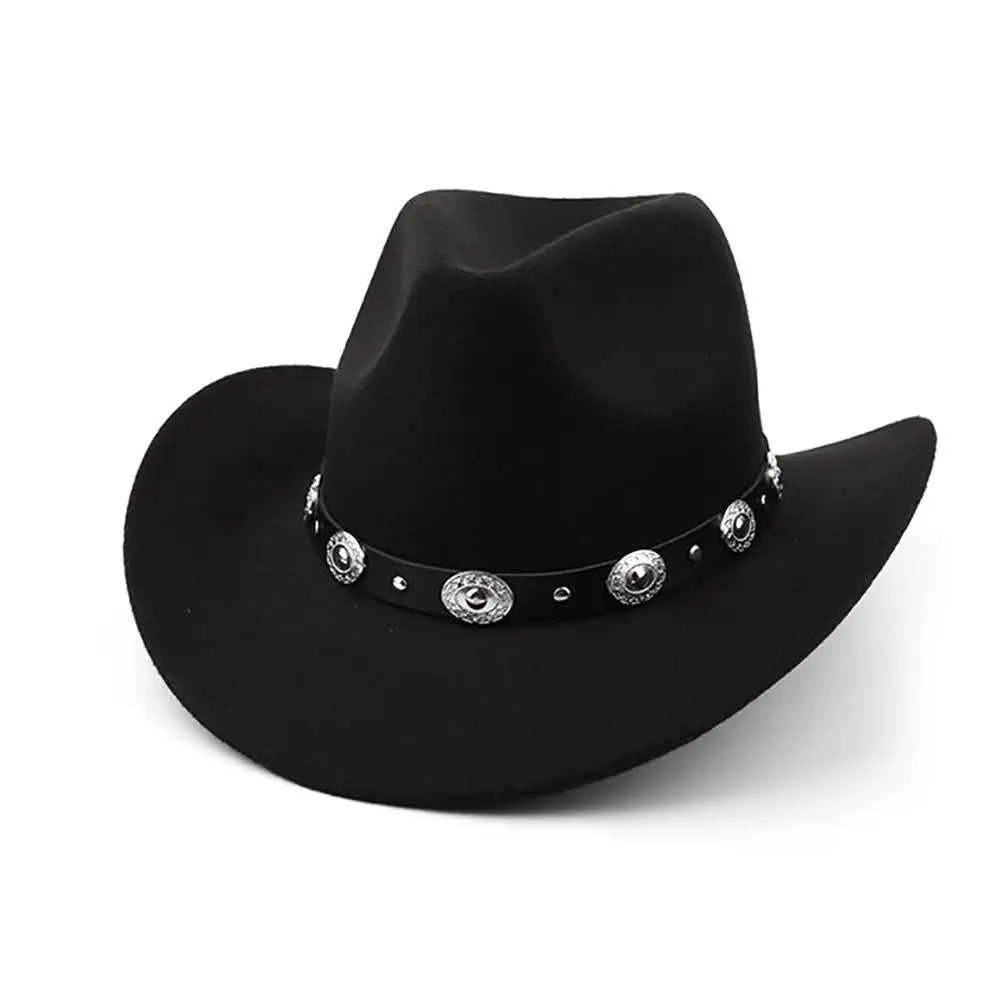 Black Western Cowboy Hats For Women Vintage Wide Brim Felt Fedoras Hats Gentleman Jazz Hats Lady Cowgirl Dress Cap Gifts