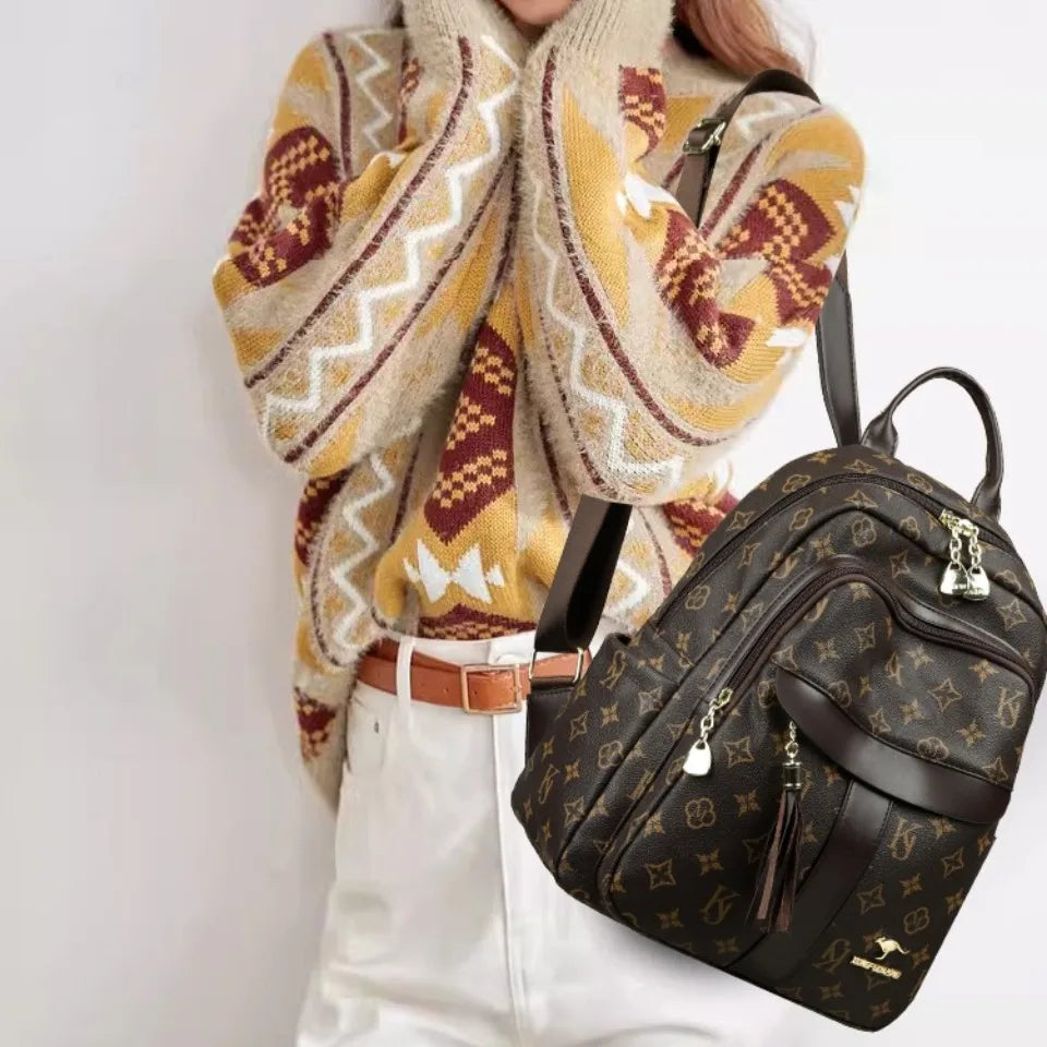 Ladies Backpack Designer High Quality Pu Leather Women Bag Luxury Printed Tassels School Bags Large Capacity A4 Backpacks Sac