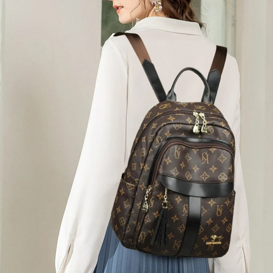 Ladies Backpack Designer High Quality Pu Leather Women Bag Luxury Printed Tassels School Bags Large Capacity A4 Backpacks Sac