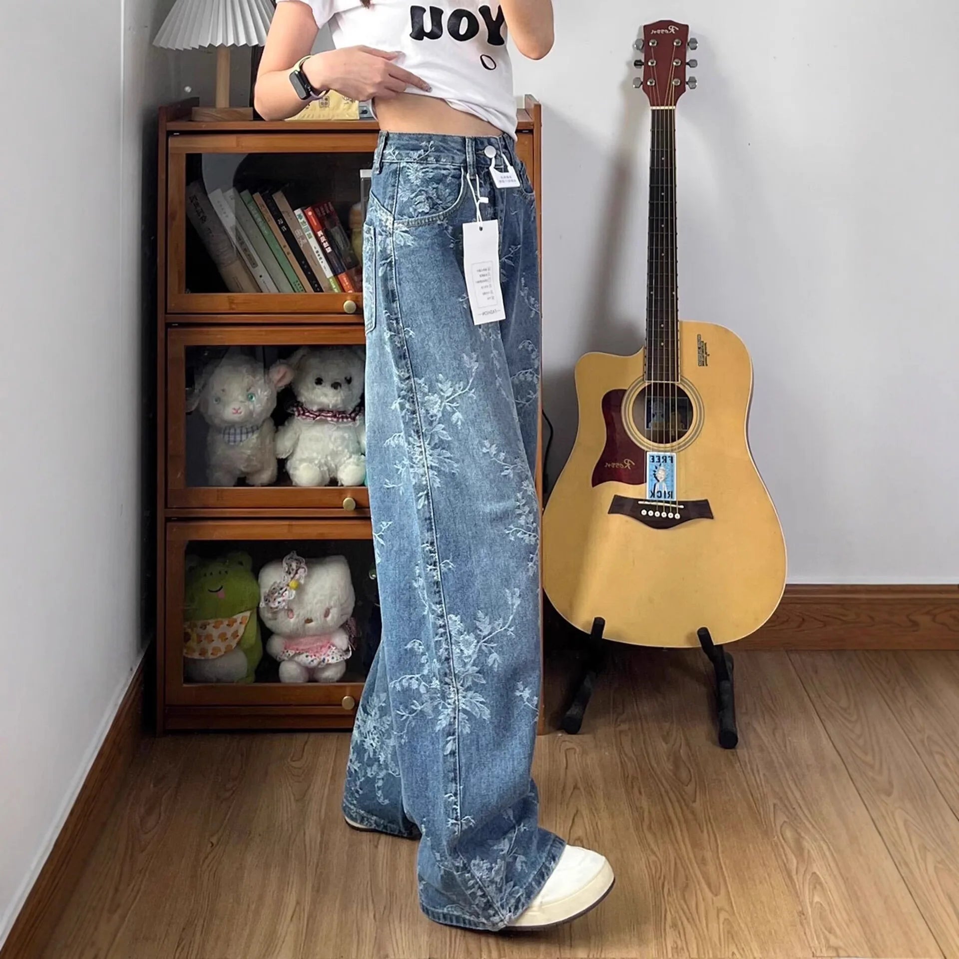 Jacquard Embroidered Jeans for Women in Spring and Autumn High Waisted Loose Wide Leg Pants Retro Straight Leg Pants