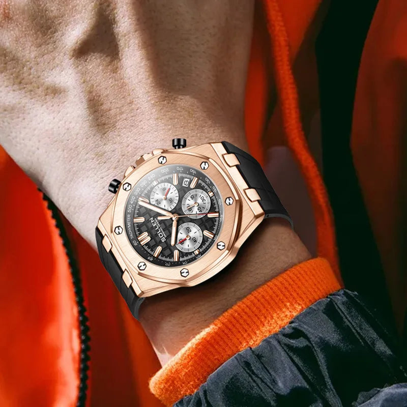 SOLLEN Mens Watch Top Brand Fashion Chronograph Quartz Watches Sports Waterproof Male Clock Luxury Watch Men Relogio Masculino