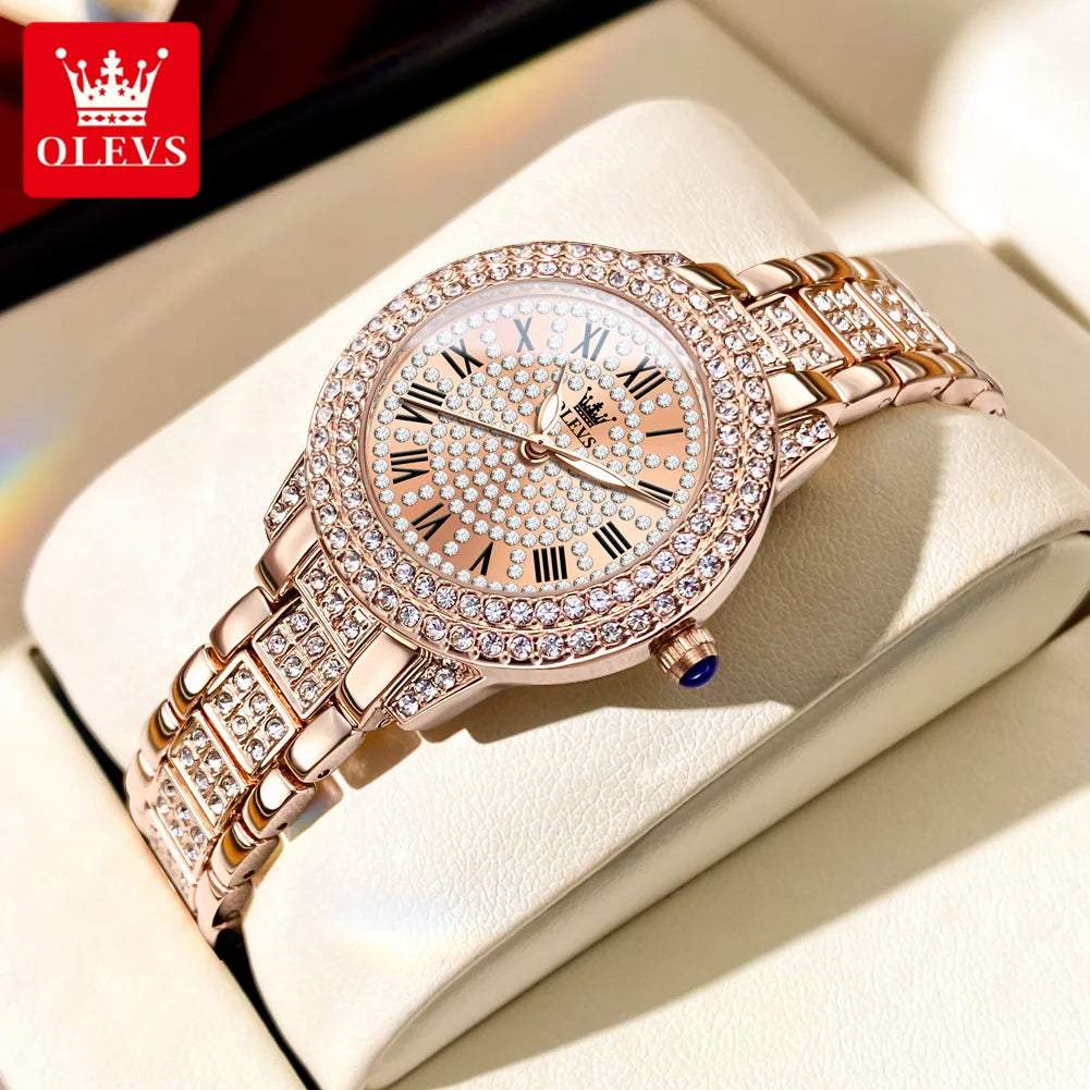 OLEVS 9943 Womens Watch Original Fashion Quartz Watch Roman Inlaid Zircon Dial Reloj Waterproof Luminous  Ladies Watch Box