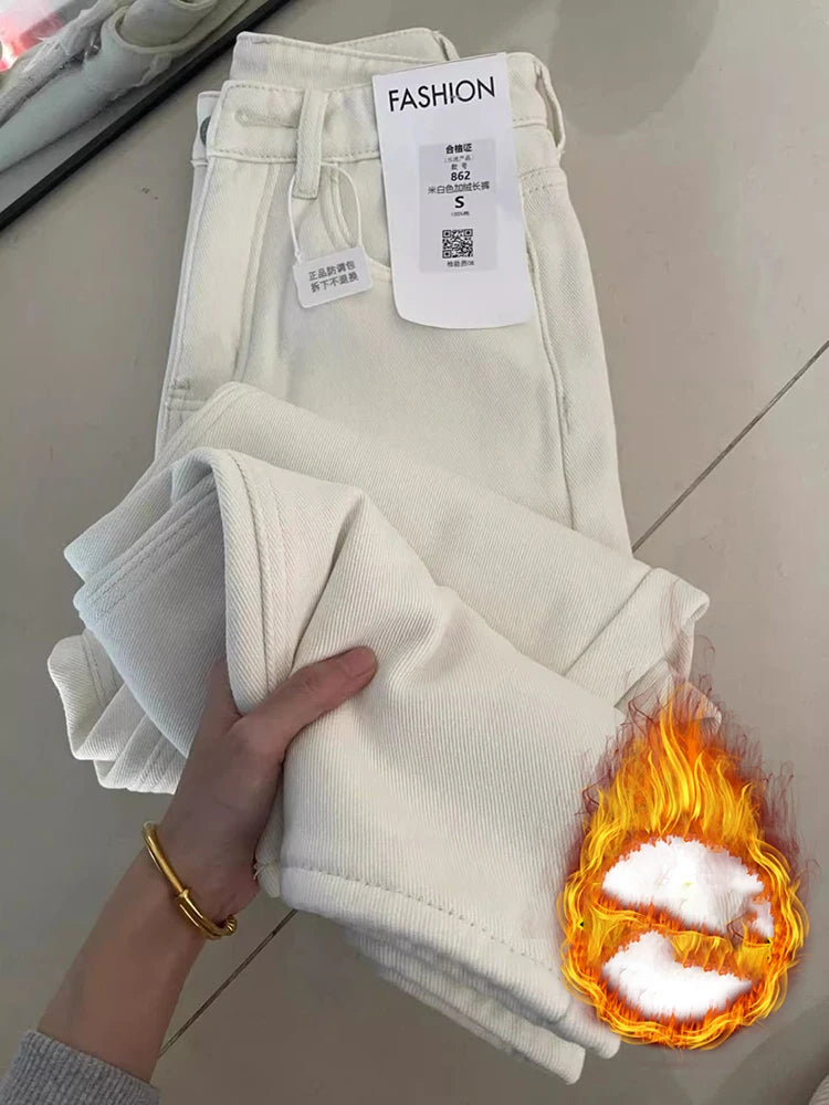 White Casual Jeans for Women Korean Style High Waisted Commuting Straight Leg Trousers Chic Loose Zipper Denim Pants
