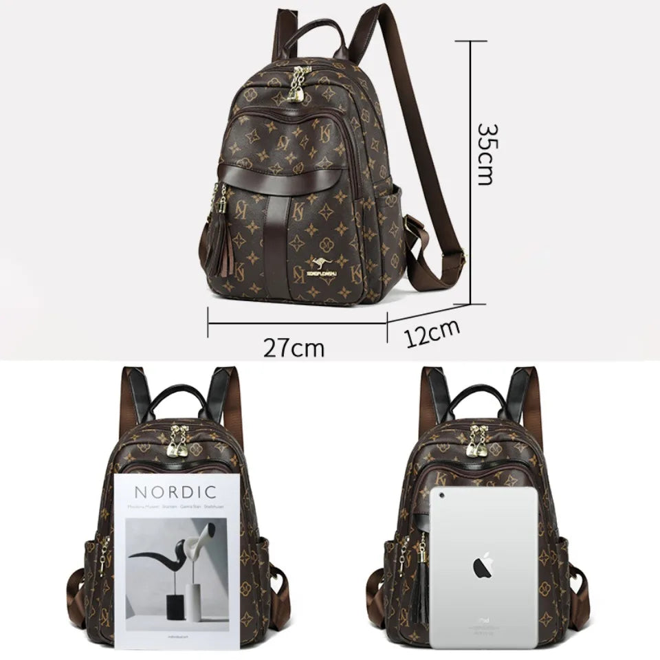 Ladies Backpack Designer High Quality Pu Leather Women Bag Luxury Printed Tassels School Bags Large Capacity A4 Backpacks Sac