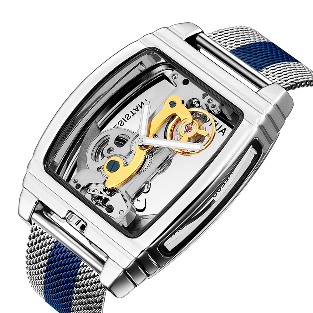 SHENHUA Mens Watches Top Brand Luxury Automatic Mechanical Transparent Skeleton Bridge Watch Steel Wristwatch Male Clock