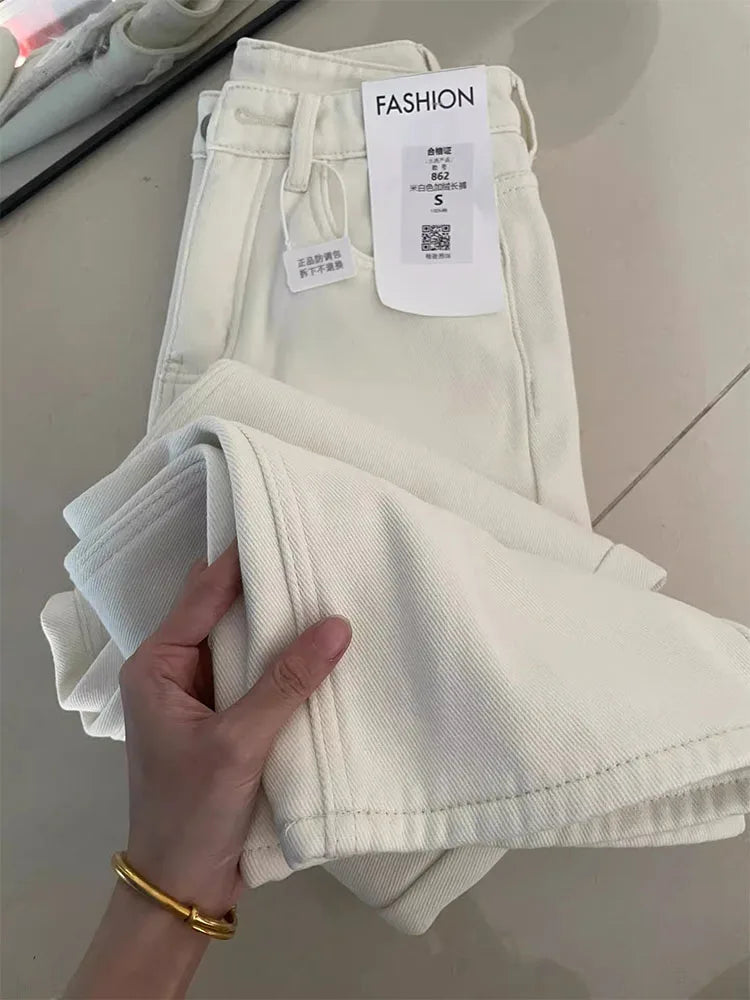 White Casual Jeans for Women Korean Style High Waisted Commuting Straight Leg Trousers Chic Loose Zipper Denim Pants