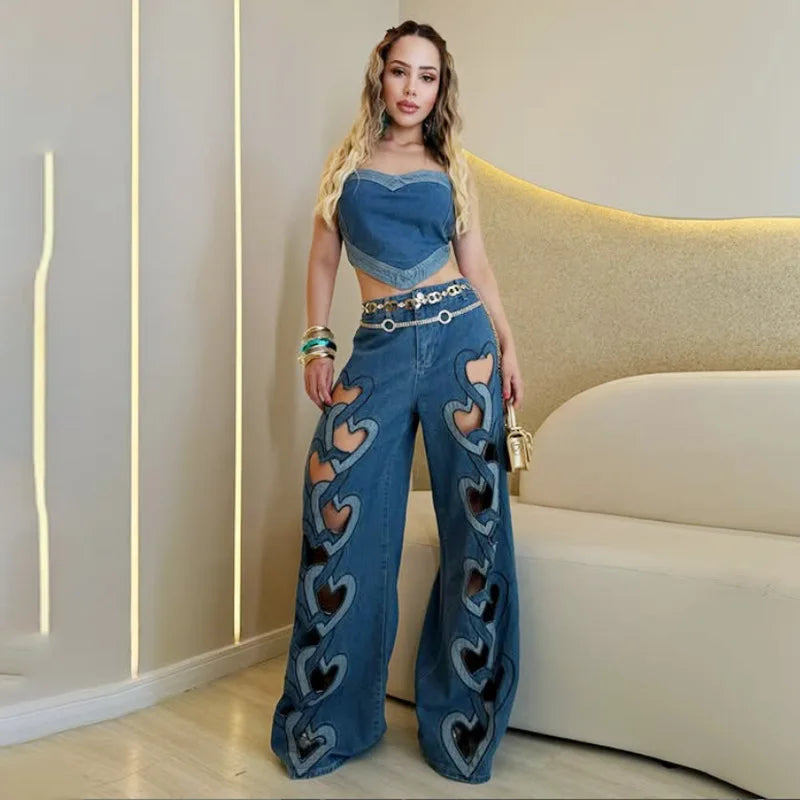 Fashionable Trendy Jeans for Women 2025 New High Waist Printed Love Hollow Design Wide Leg Straight Pants