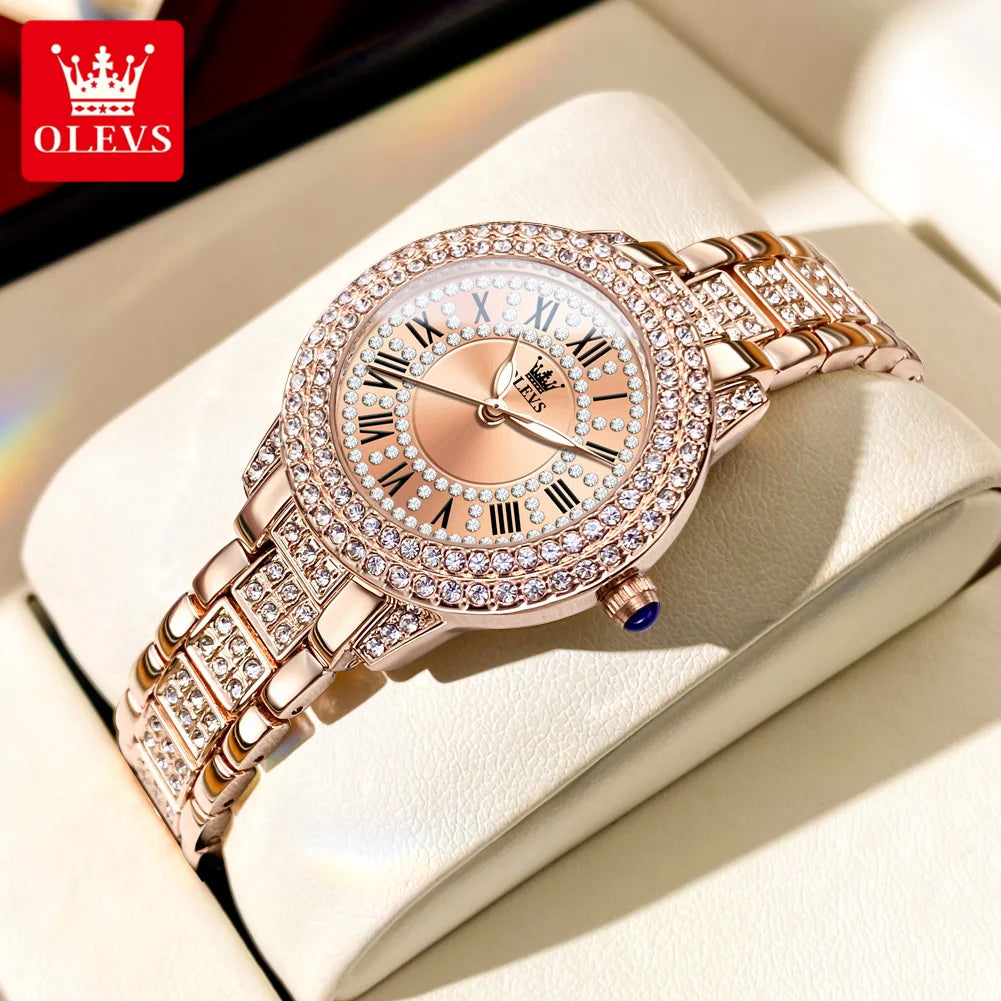 OLEVS 9943 Womens Watch Original Fashion Quartz Watch Roman Inlaid Zircon Dial Reloj Waterproof Luminous  Ladies Watch Box