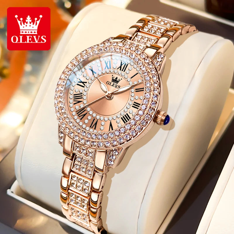 OLEVS 9943 Womens Watch Original Fashion Quartz Watch Roman Inlaid Zircon Dial Reloj Waterproof Luminous  Ladies Watch Box