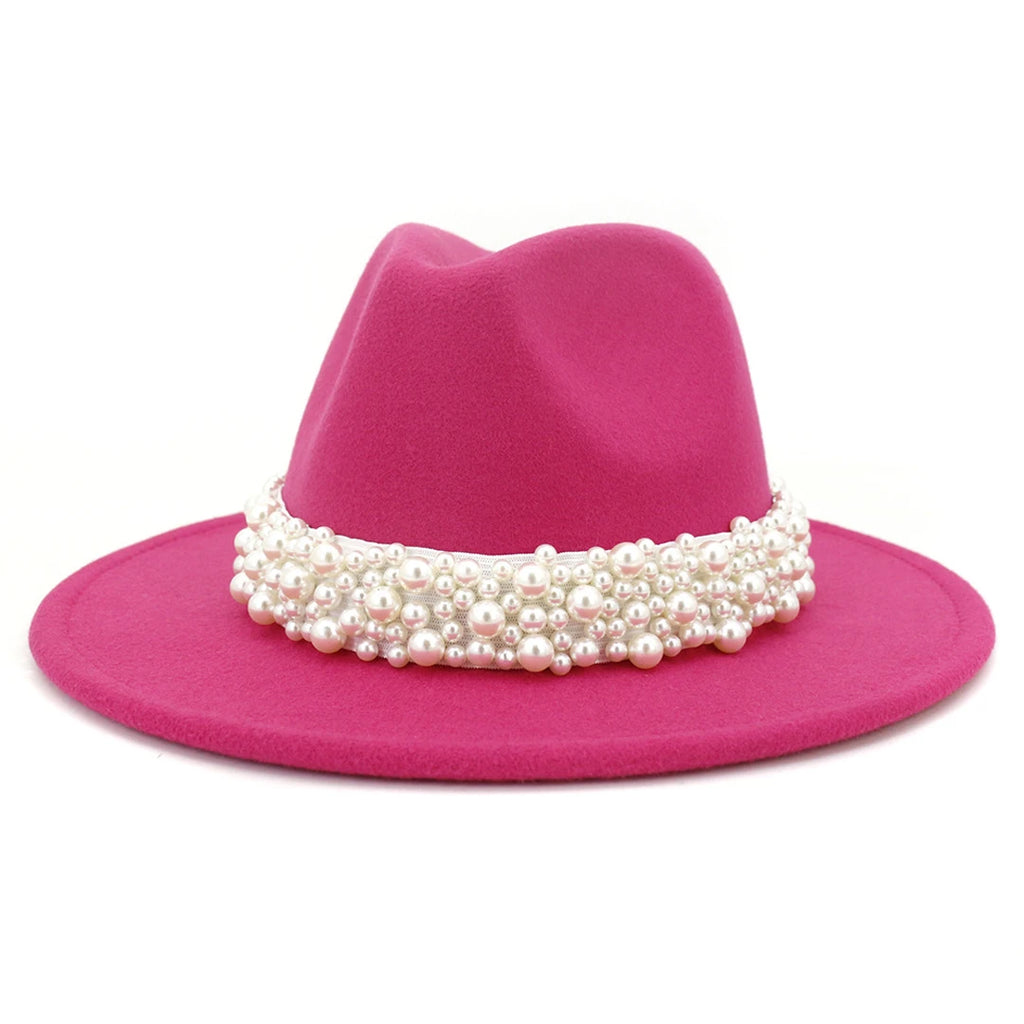 Fedora Hats for Women Wool Felt Panama Hat with Pearl Band Wide Brim Felt Hat Classic Trilby Jazz Hat Church Hats Women Elegant