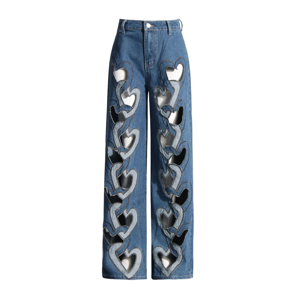 Fashionable Trendy Jeans for Women 2025 New High Waist Printed Love Hollow Design Wide Leg Straight Pants
