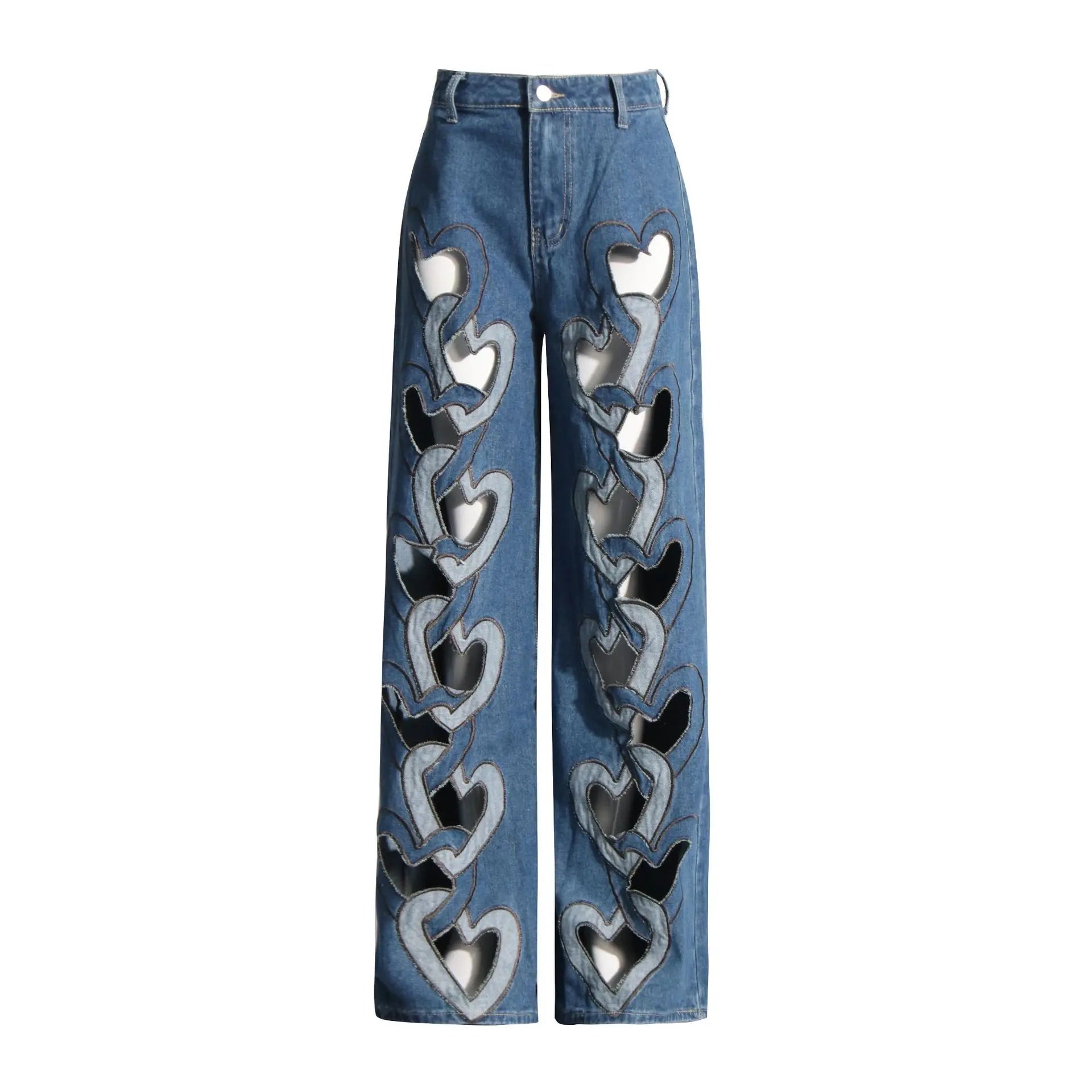 Fashionable Trendy Jeans for Women 2025 New High Waist Printed Love Hollow Design Wide Leg Straight Pants