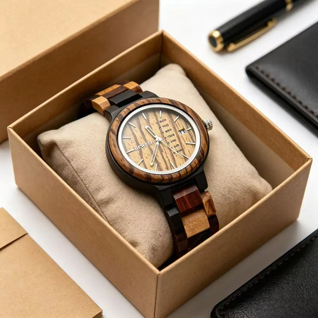 Women's Watch with Round Coated Glass Dual Display Zebra Wood Quartz Light Handmade Week Date Casual Wristwatch