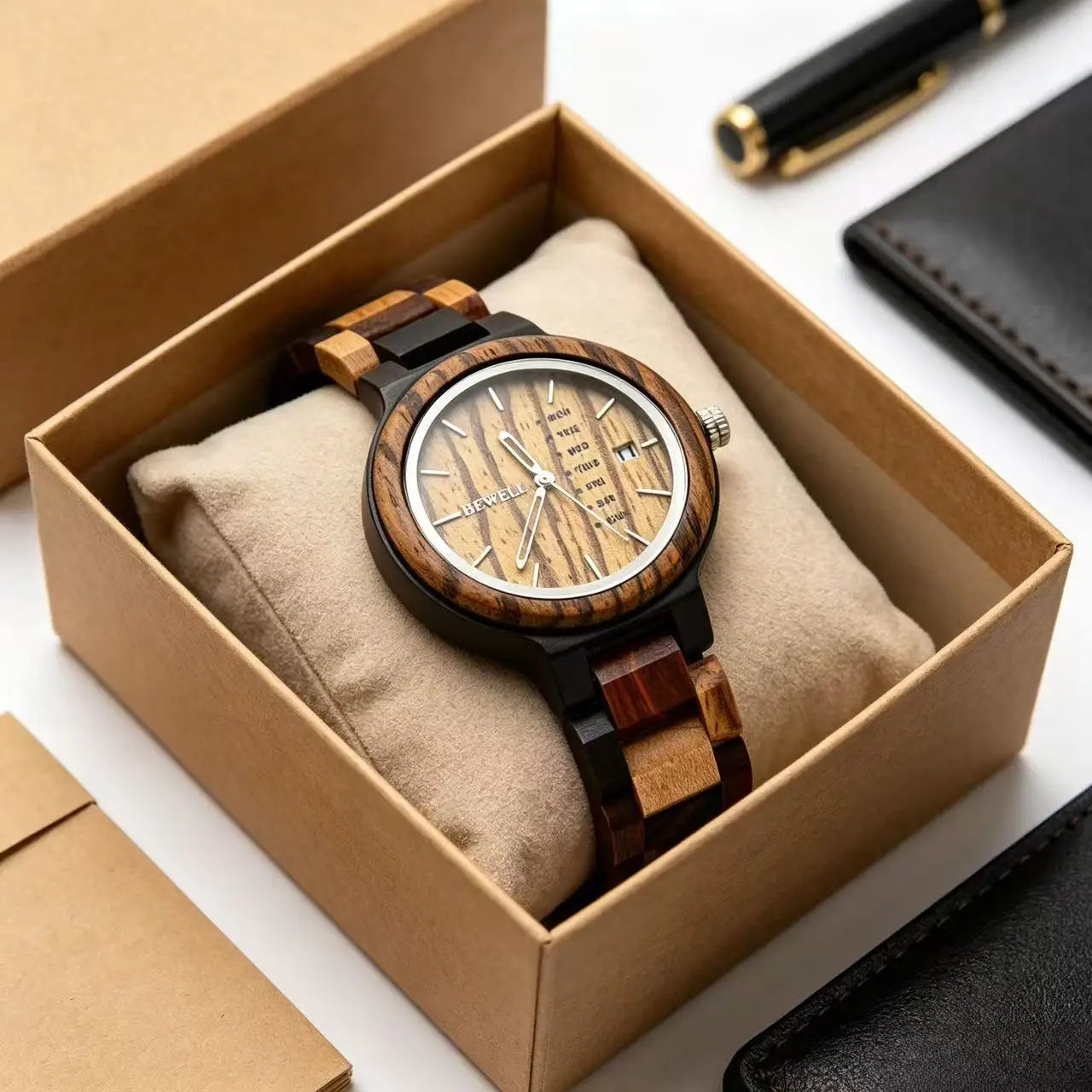 Women's Watch with Round Coated Glass Dual Display Zebra Wood Quartz Light Handmade Week Date Casual Wristwatch