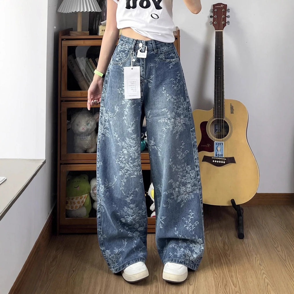 Jacquard Embroidered Jeans for Women in Spring and Autumn High Waisted Loose Wide Leg Pants Retro Straight Leg Pants