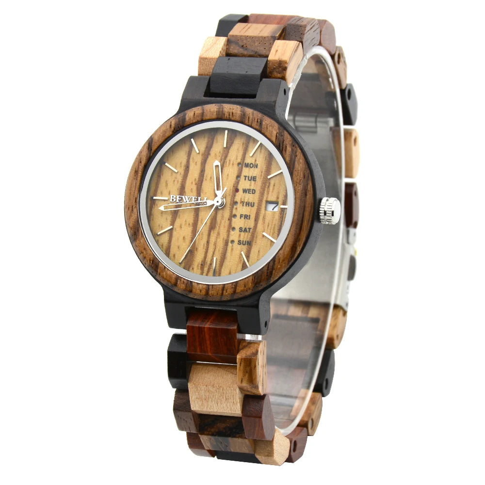 Women's Watch with Round Coated Glass Dual Display Zebra Wood Quartz Light Handmade Week Date Casual Wristwatch