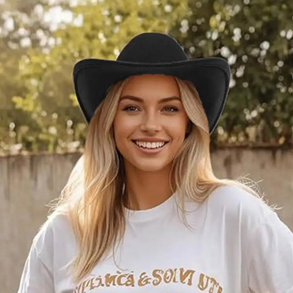 Black Western Cowboy Hats For Women Vintage Wide Brim Felt Fedoras Hats Gentleman Jazz Hats Lady Cowgirl Dress Cap Gifts