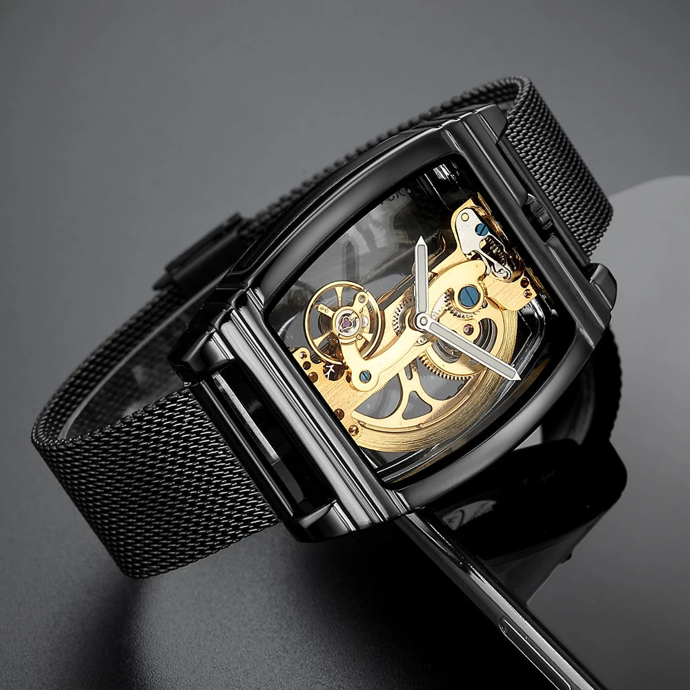 SHENHUA Mens Watches Top Brand Luxury Automatic Mechanical Transparent Skeleton Bridge Watch Steel Wristwatch Male Clock