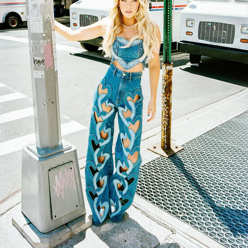 Fashionable Trendy Jeans for Women 2025 New High Waist Printed Love Hollow Design Wide Leg Straight Pants