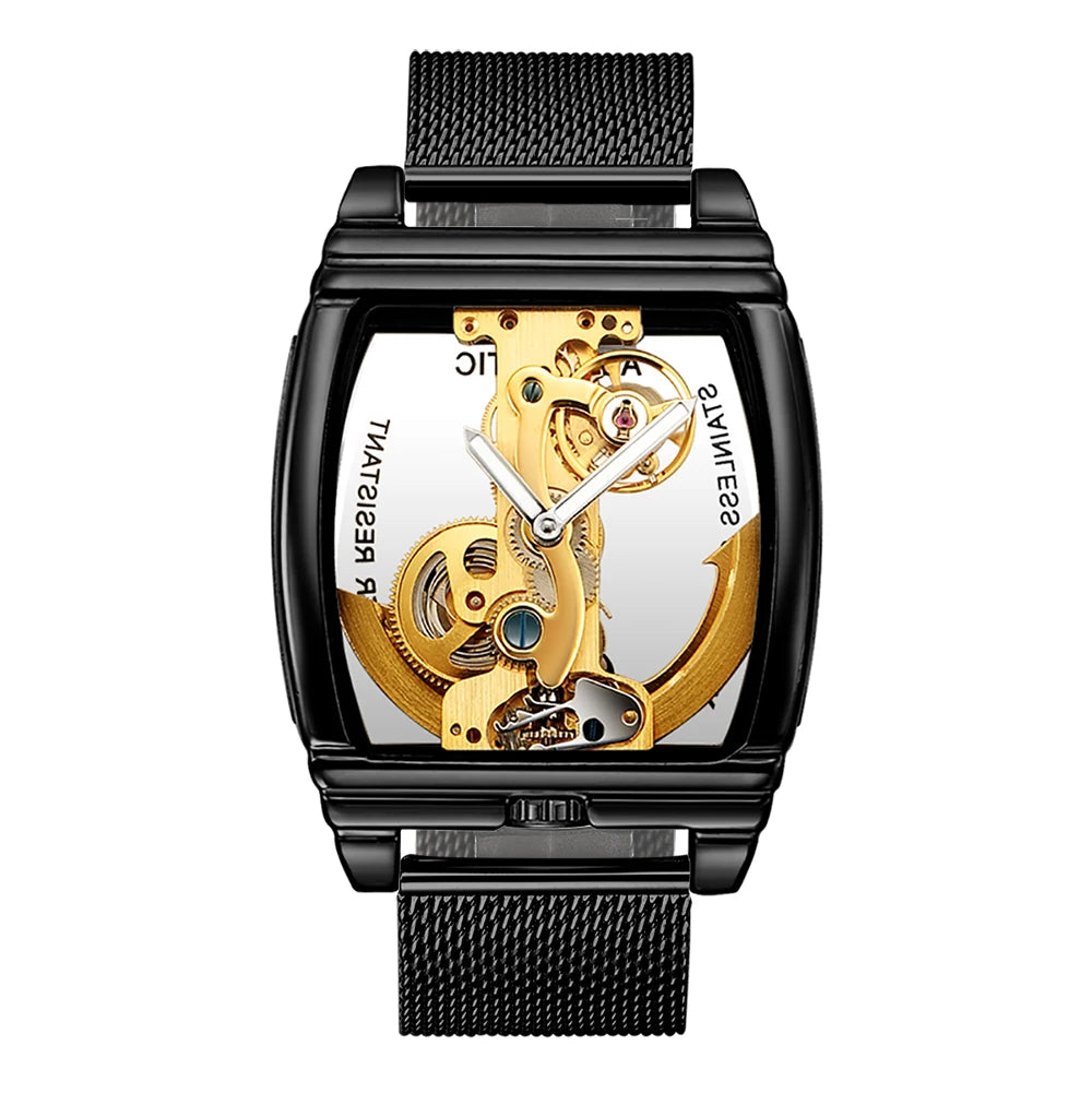 SHENHUA Mens Watches Top Brand Luxury Automatic Mechanical Transparent Skeleton Bridge Watch Steel Wristwatch Male Clock