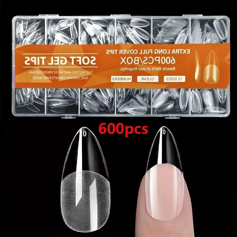600 Pointed Nail Tips, Semi-Matte, Full Coverage, Acrylic Nail Tips, Medium Adhesive, False Nails, Nail Salon, Home DIY, Press-On Nails