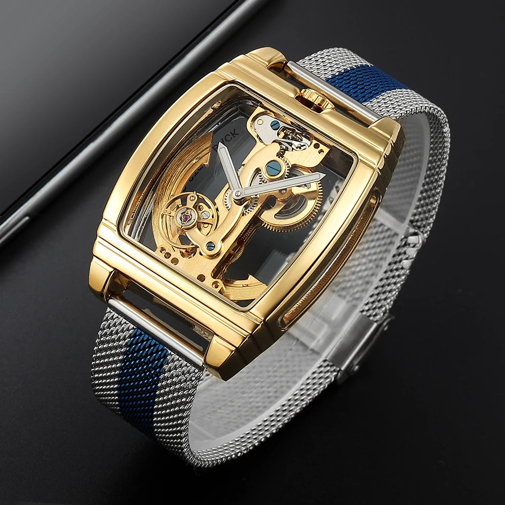 SHENHUA Mens Watches Top Brand Luxury Automatic Mechanical Transparent Skeleton Bridge Watch Steel Wristwatch Male Clock