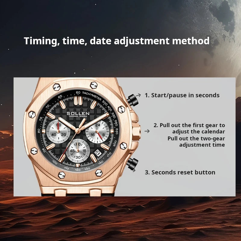 SOLLEN Mens Watch Top Brand Fashion Chronograph Quartz Watches Sports Waterproof Male Clock Luxury Watch Men Relogio Masculino